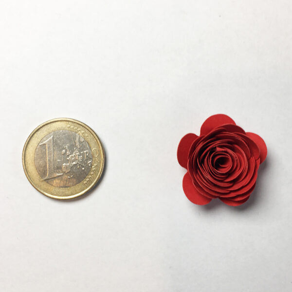 Euromünze und eine kleine gerollte Papierblume für den Größenvergleich